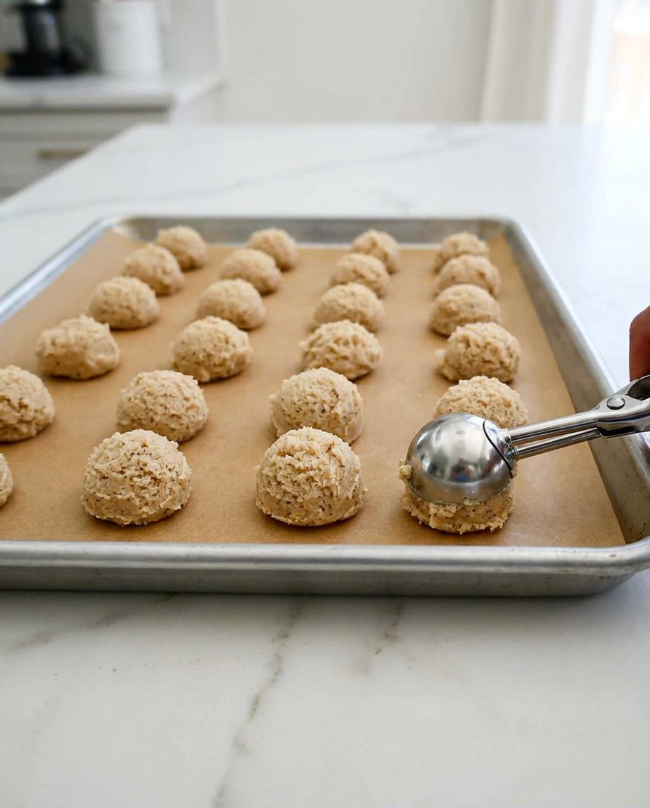 A close up of a fork creating a criss cross pattern on peanut butter cookie dough.