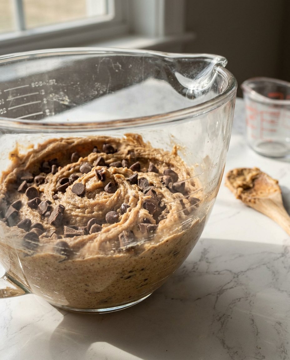 Freshly baked thin chocolate chip cookies on a parchment-lined baking sheet.