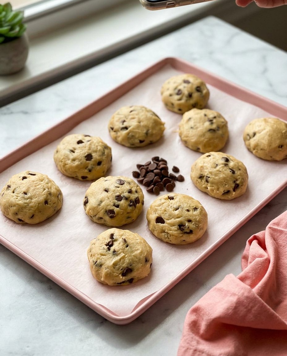 A close up of cookie dough being scooped onto a baking sheet.