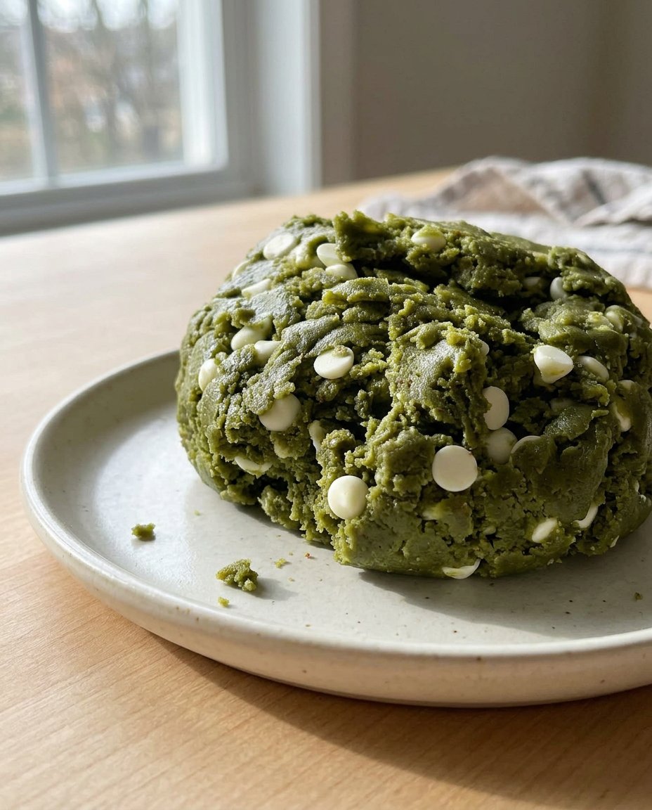 Hand scooping green cookie dough onto a parchment-lined baking sheet.