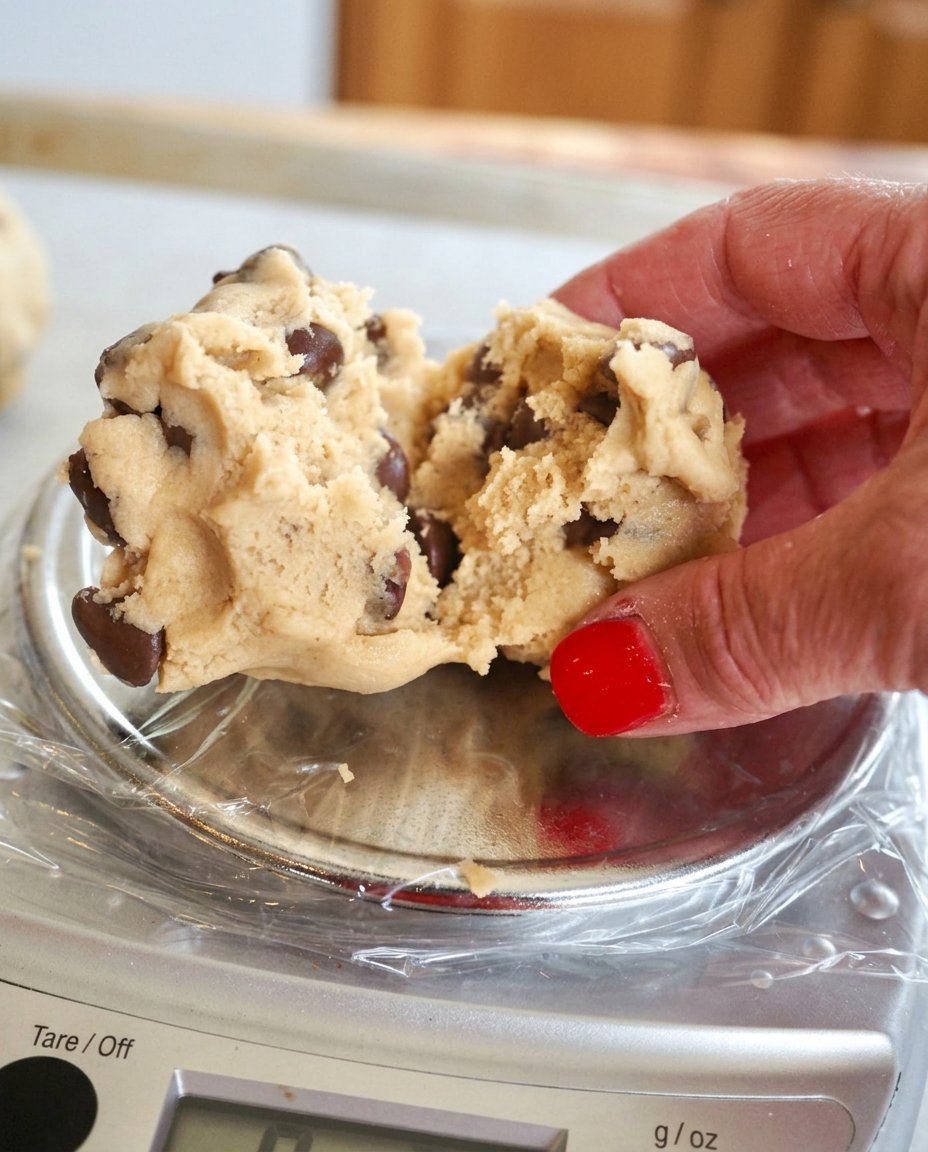 Using a metal cookie scoop to portion dough onto parchment paper