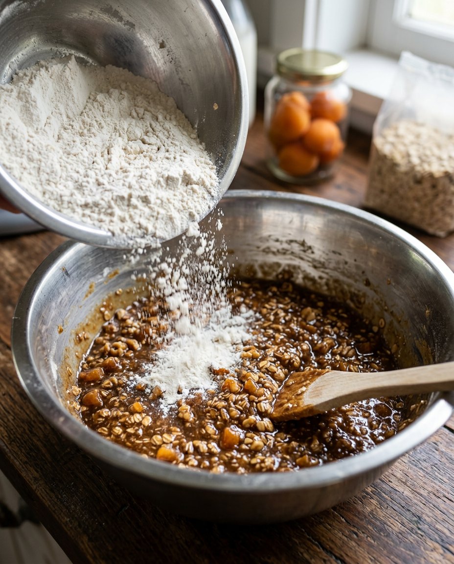 Freshly baked oatmeal apricot cookies on a baking sheet with parchment paper.