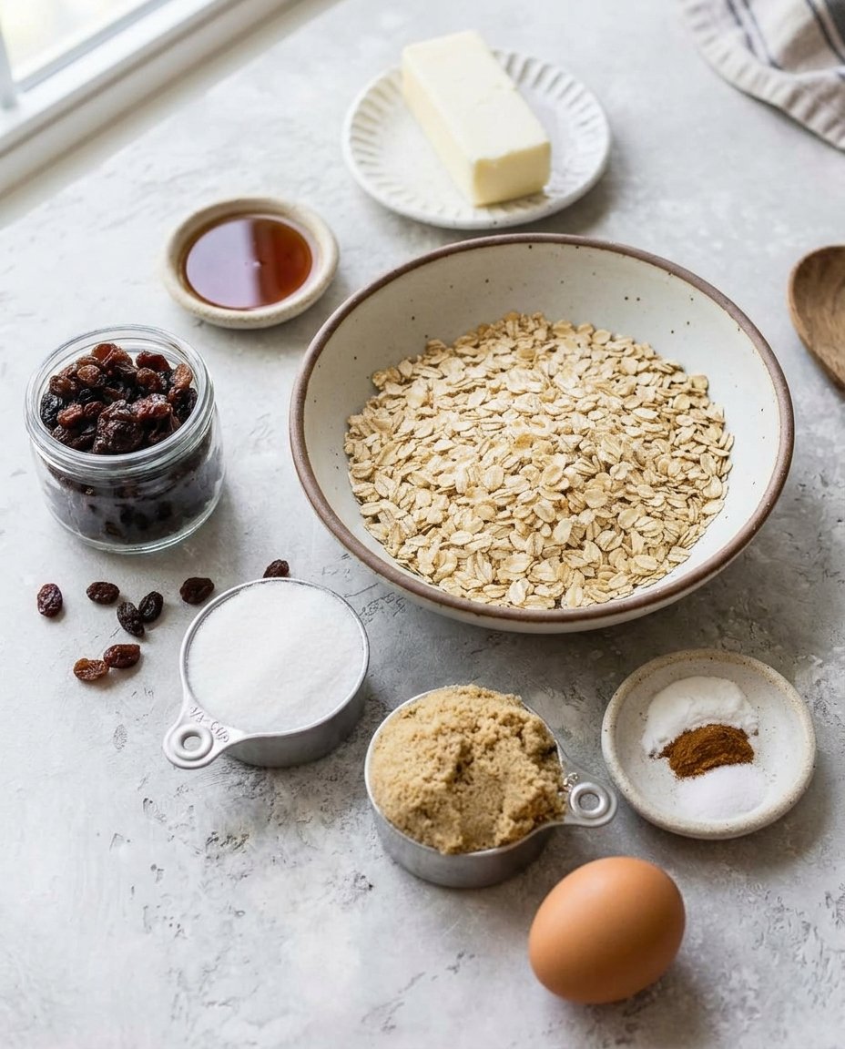 Freshly baked oatmeal raisin cookies resting on a parchment-lined baking sheet.