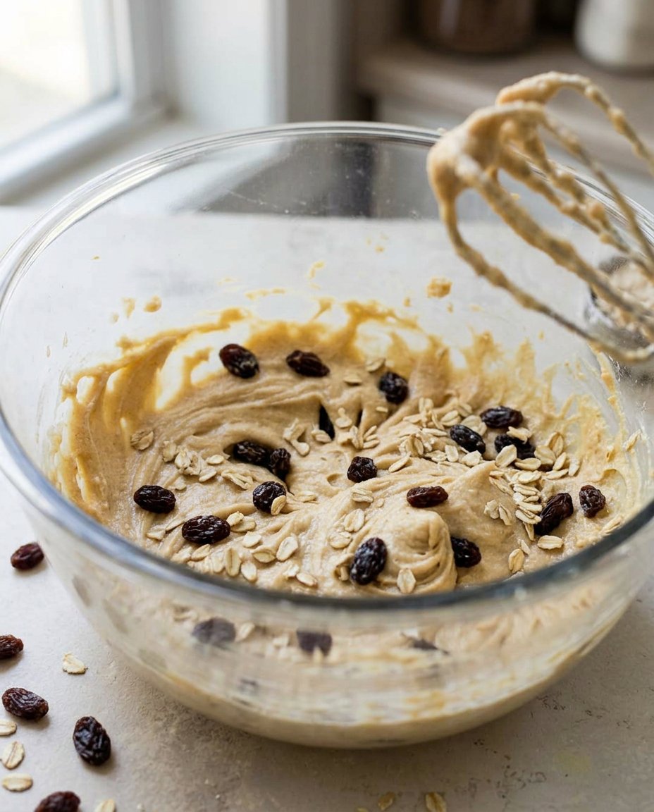 Freshly baked double oatmeal raisin cookies on a baking sheet with parchment paper