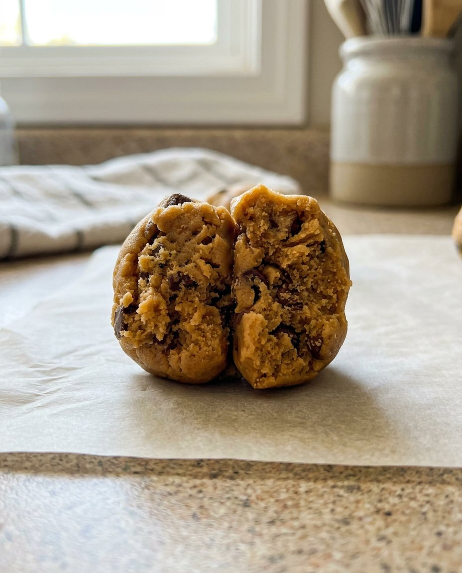 Hands breaking a large ball of cookie dough in half to create a textured top