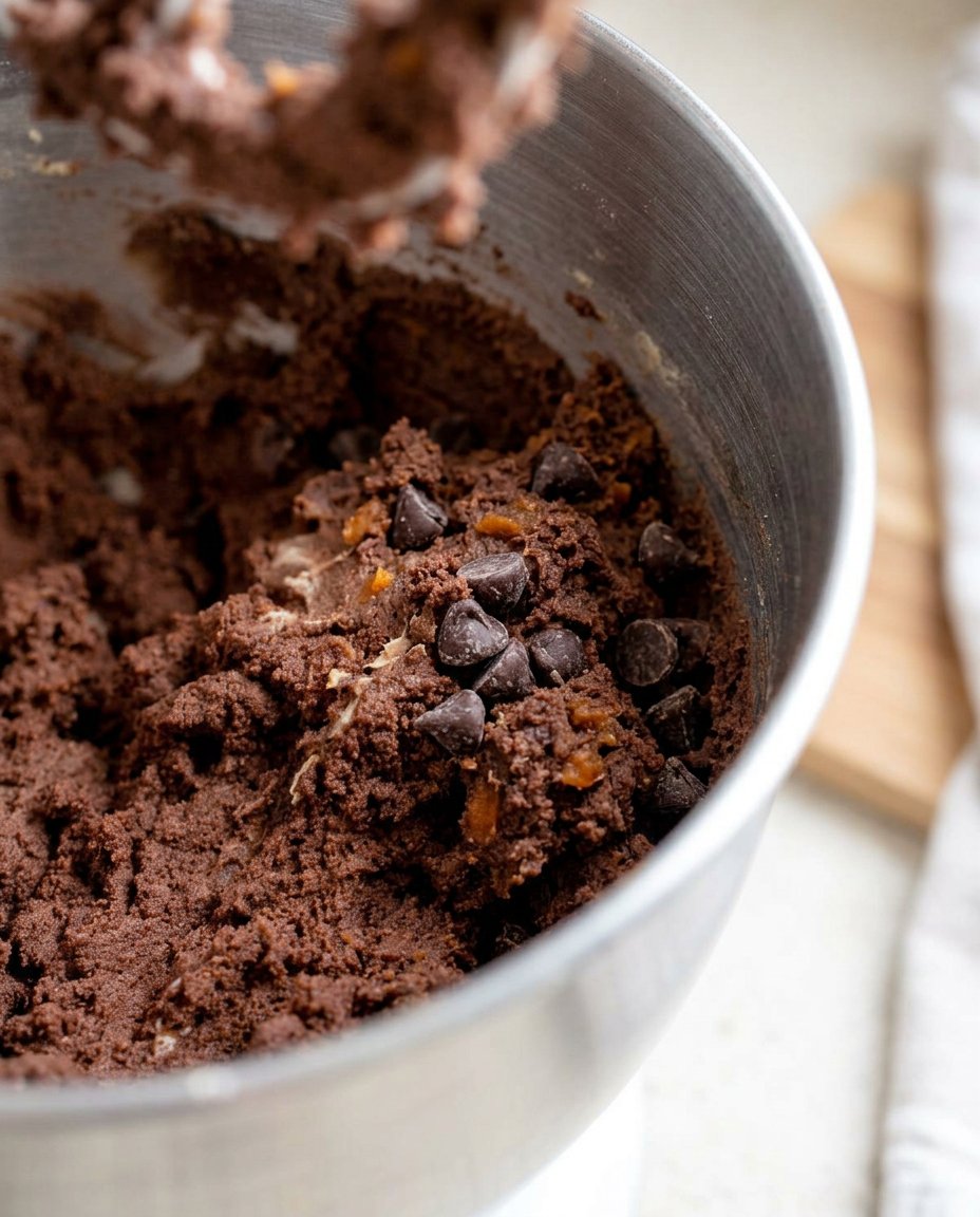 A close up of raw pumpkin chocolate chip cookie dough in a bowl