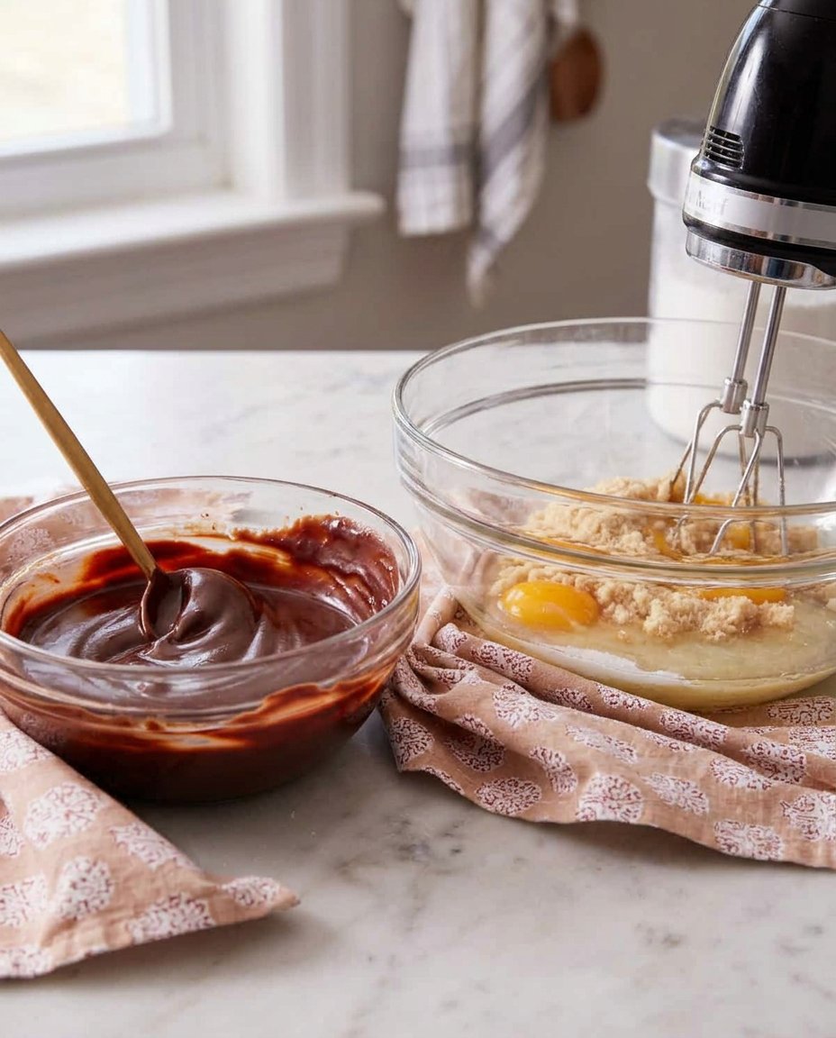 Ingredients for brownie cookies including bittersweet chocolate and light brown sugar