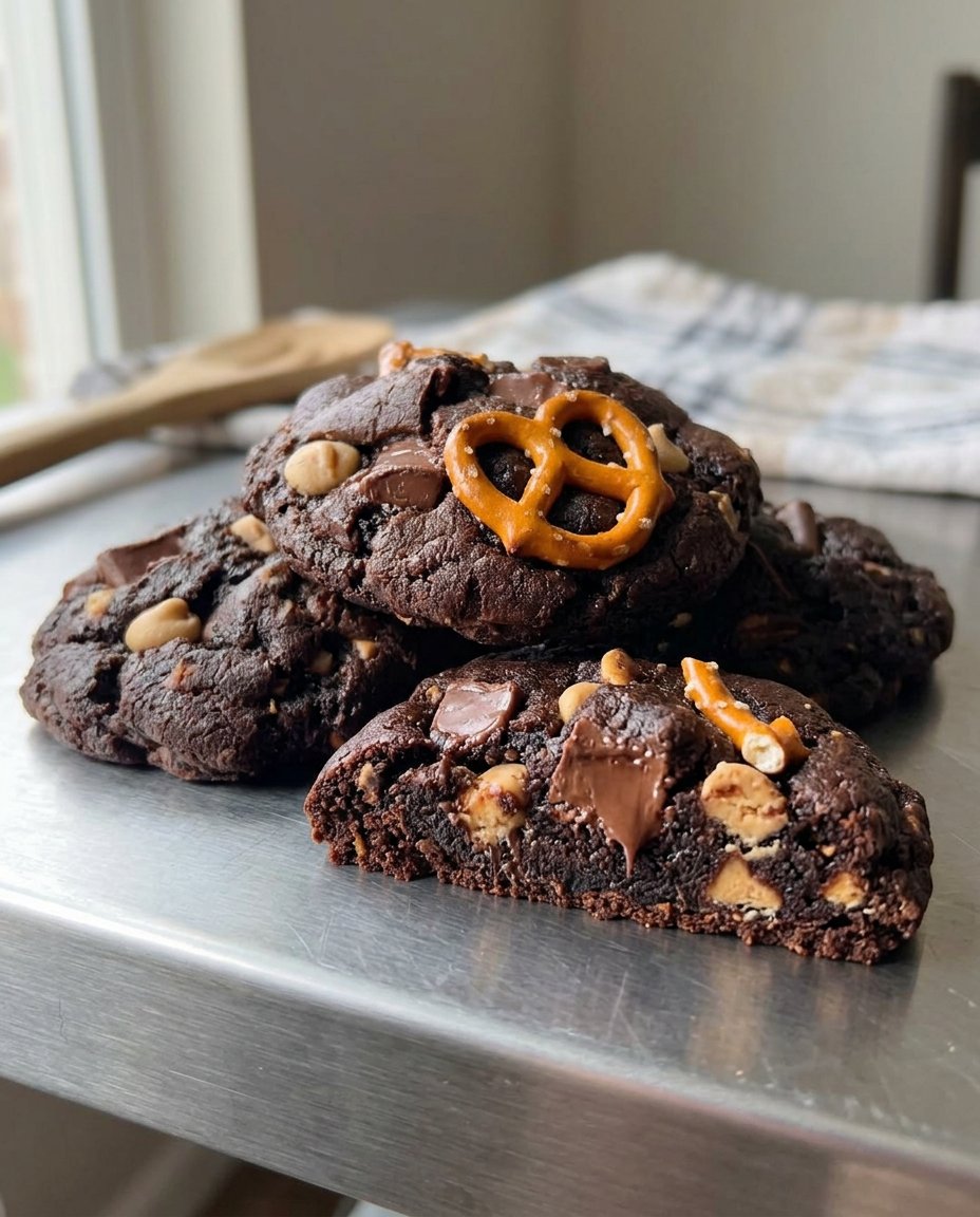 Simple baking ingredients including chocolate cake mix, eggs, butter, and crushed peppermints on a rustic table
