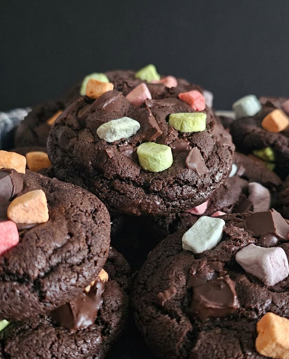 A vintage white ceramic cookie jar filled with dark chocolate peppermint cookies