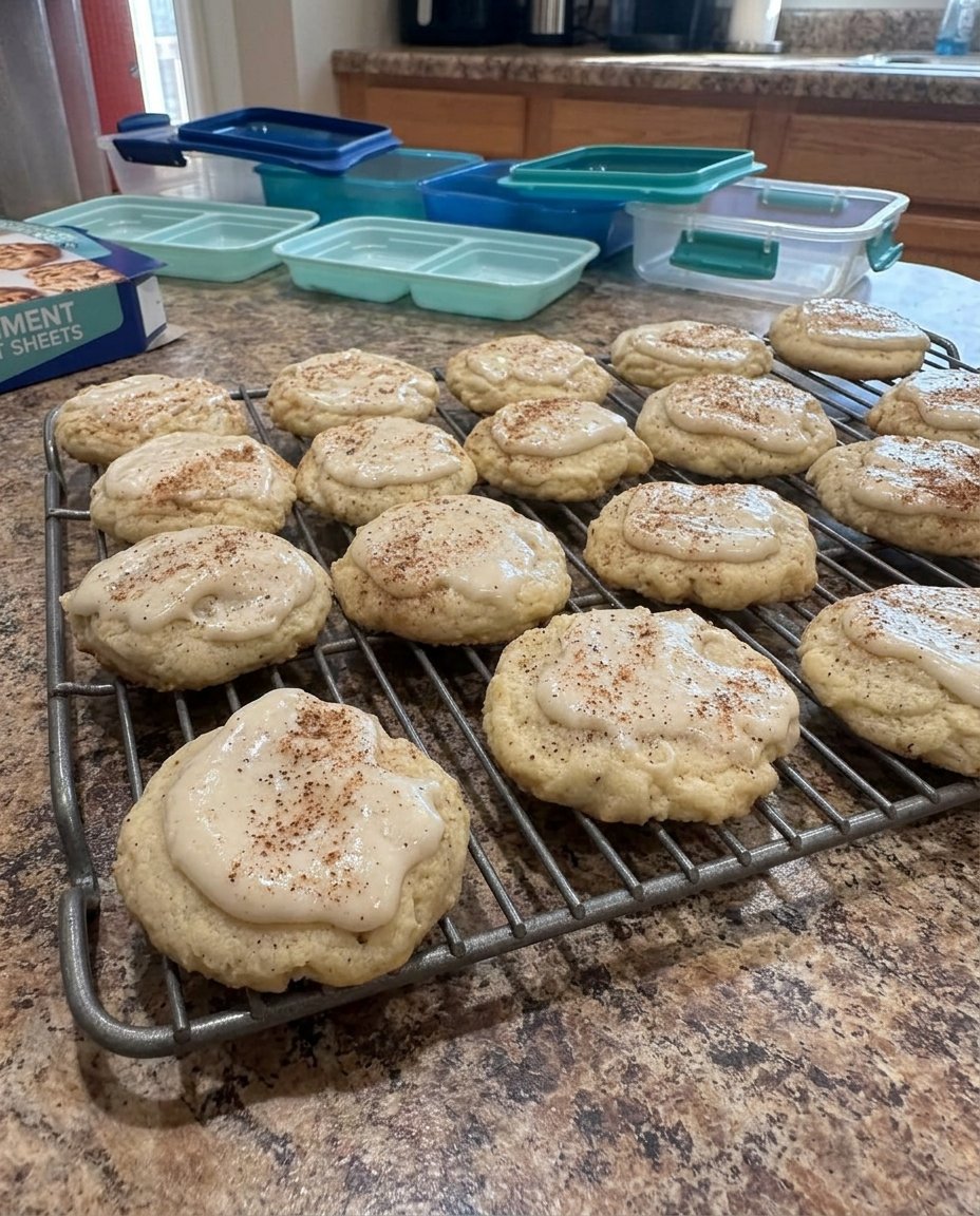 A glass cookie jar filled with iced chai cookies