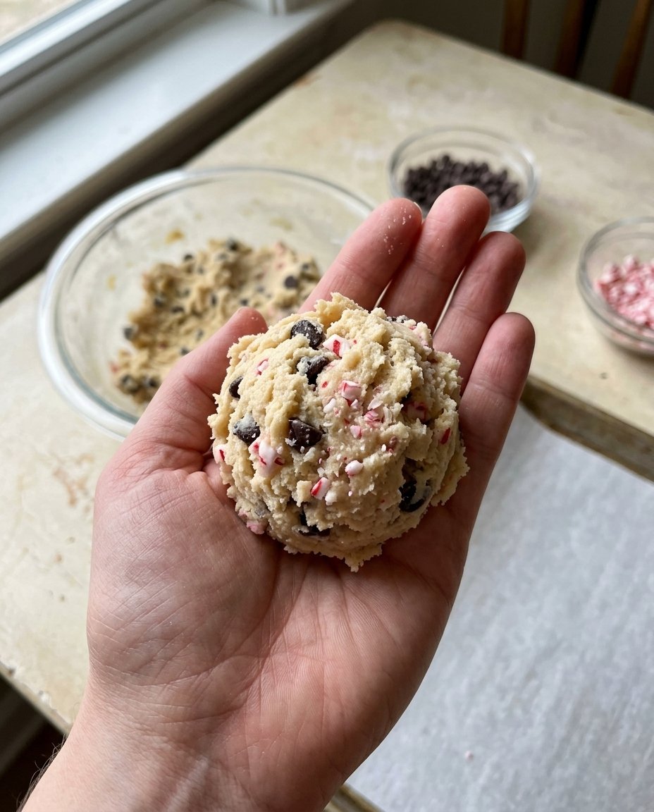 Scooping chilled peppermint cookie dough onto a baking sheet