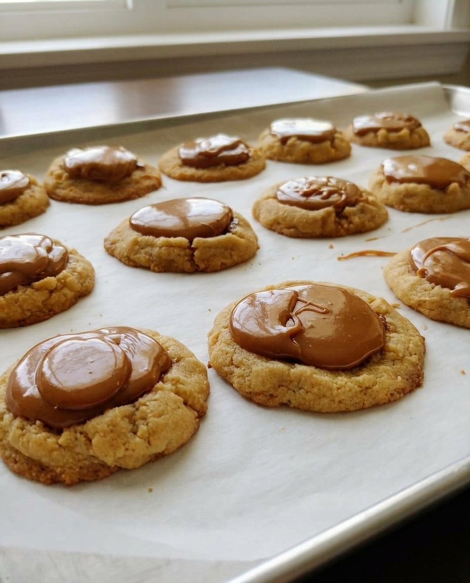 Homemade chocolate caramel thumbprint cookies on a cooling rack