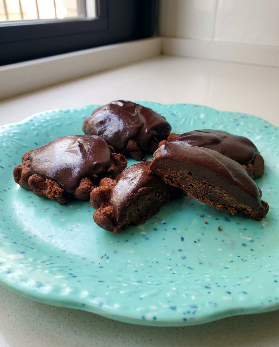 Chocolate turtle cookies stacked inside a vintage glass cookie jar