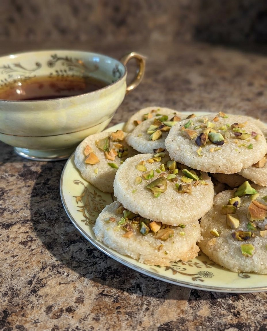 Cardamom pistachio cookies stacked in a glass cookie jar