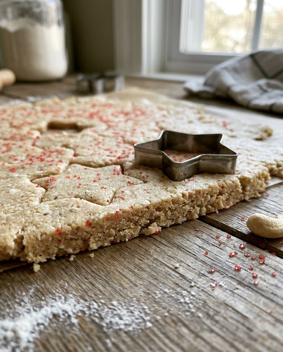 Cashew shortbread cookies cooling on a metal baking sheet after being removed from the oven.