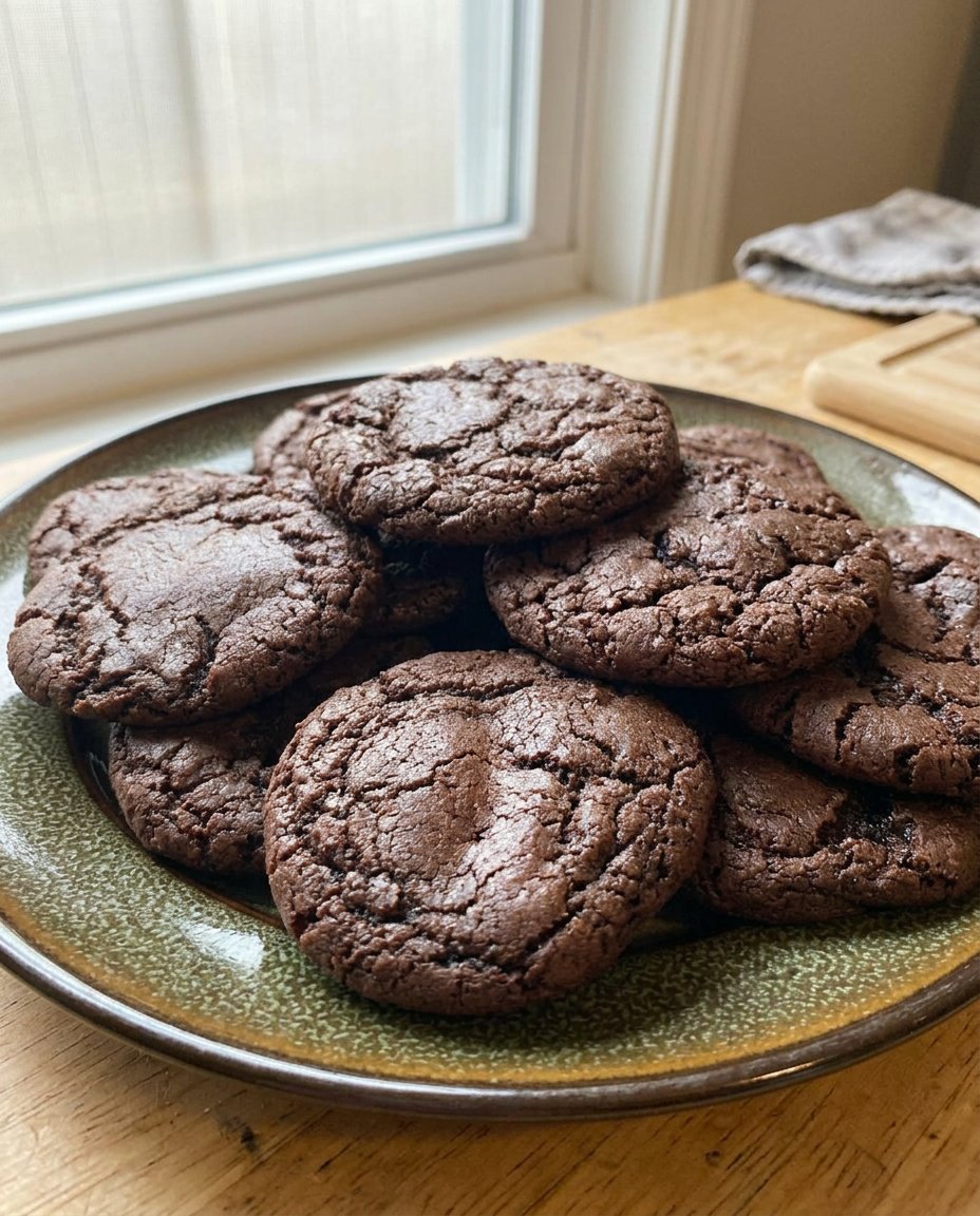 Chocolate cookies cooling on a wire rack next to a glass of milk.