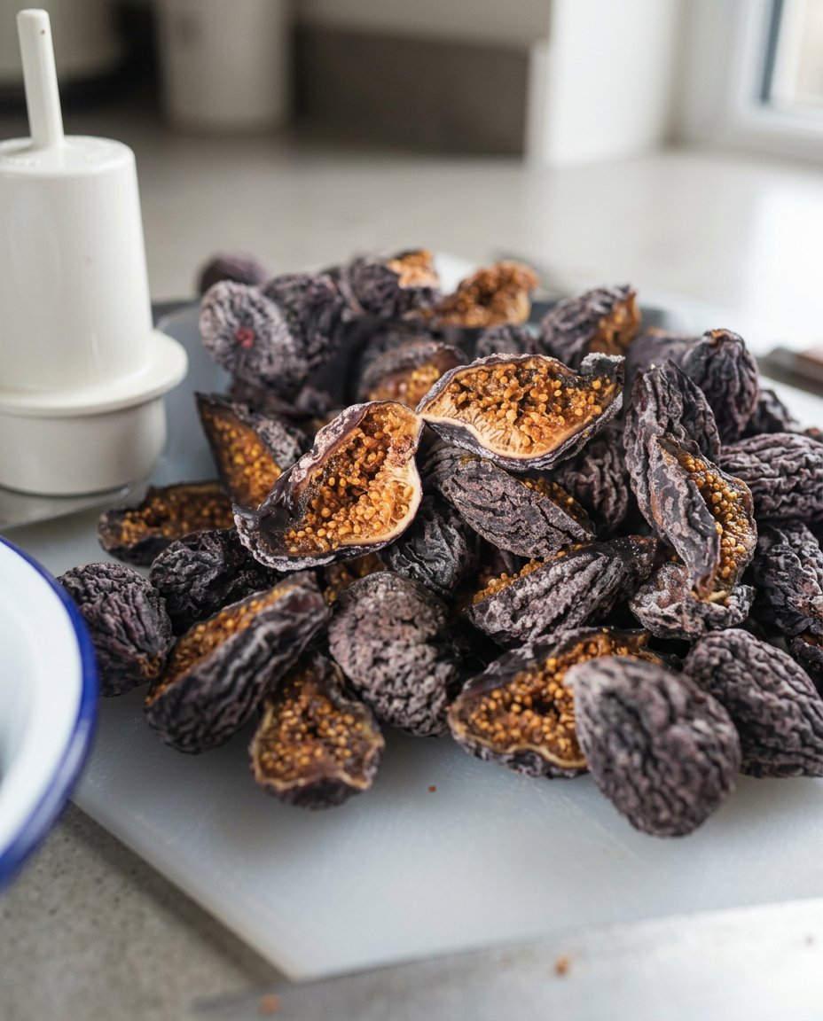 Dried mission figs and fresh orange zest on a rustic wooden cutting board