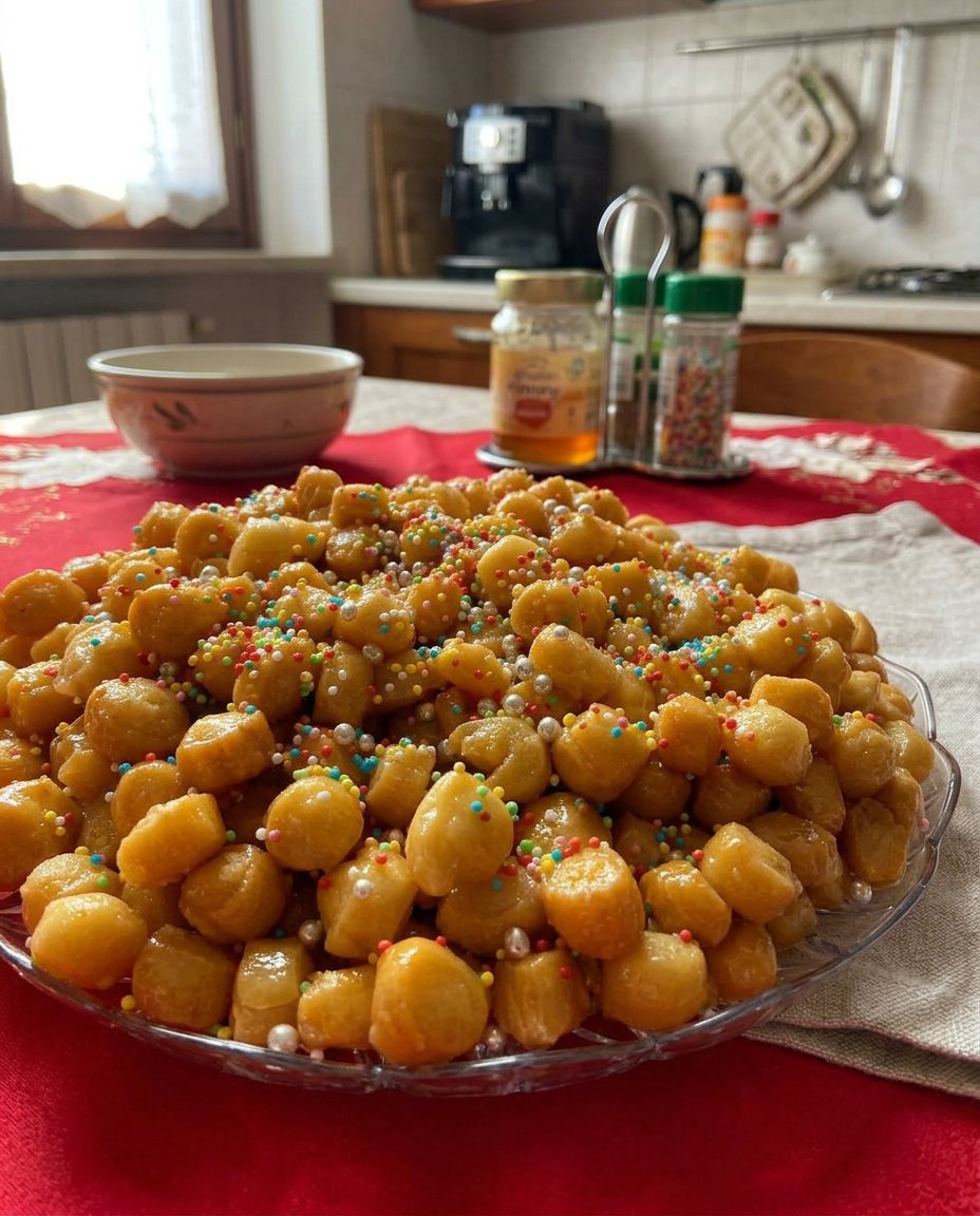 A mountain of Struffoli arranged in a traditional pyramid shape.