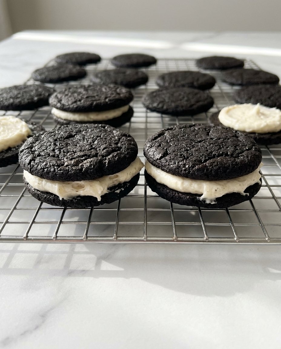 Damp hand flattening chocolate cookie dough balls on a baking sheet