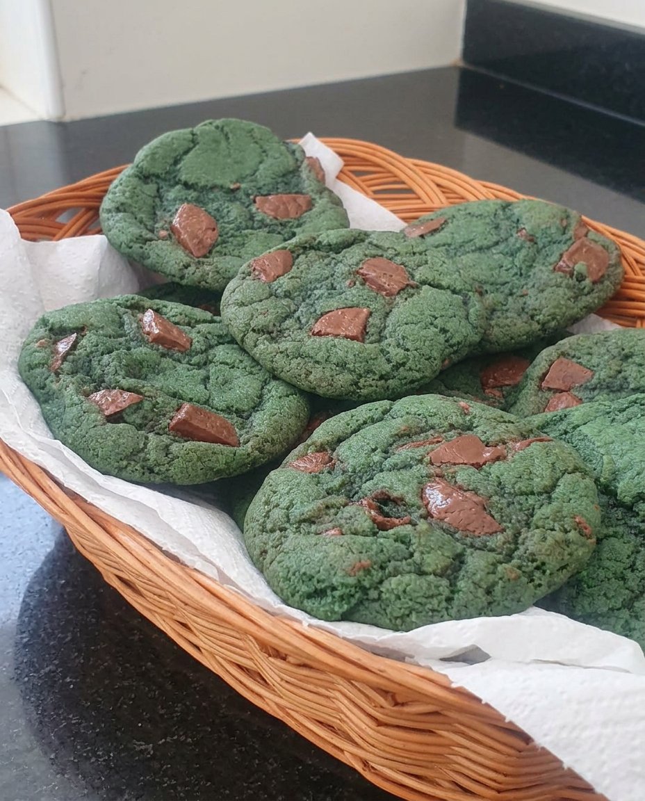 Large blue character cookies stacked inside a vintage glass cookie jar.