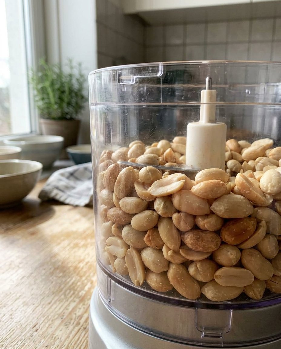 A pile of golden roasted peanuts on a wooden surface