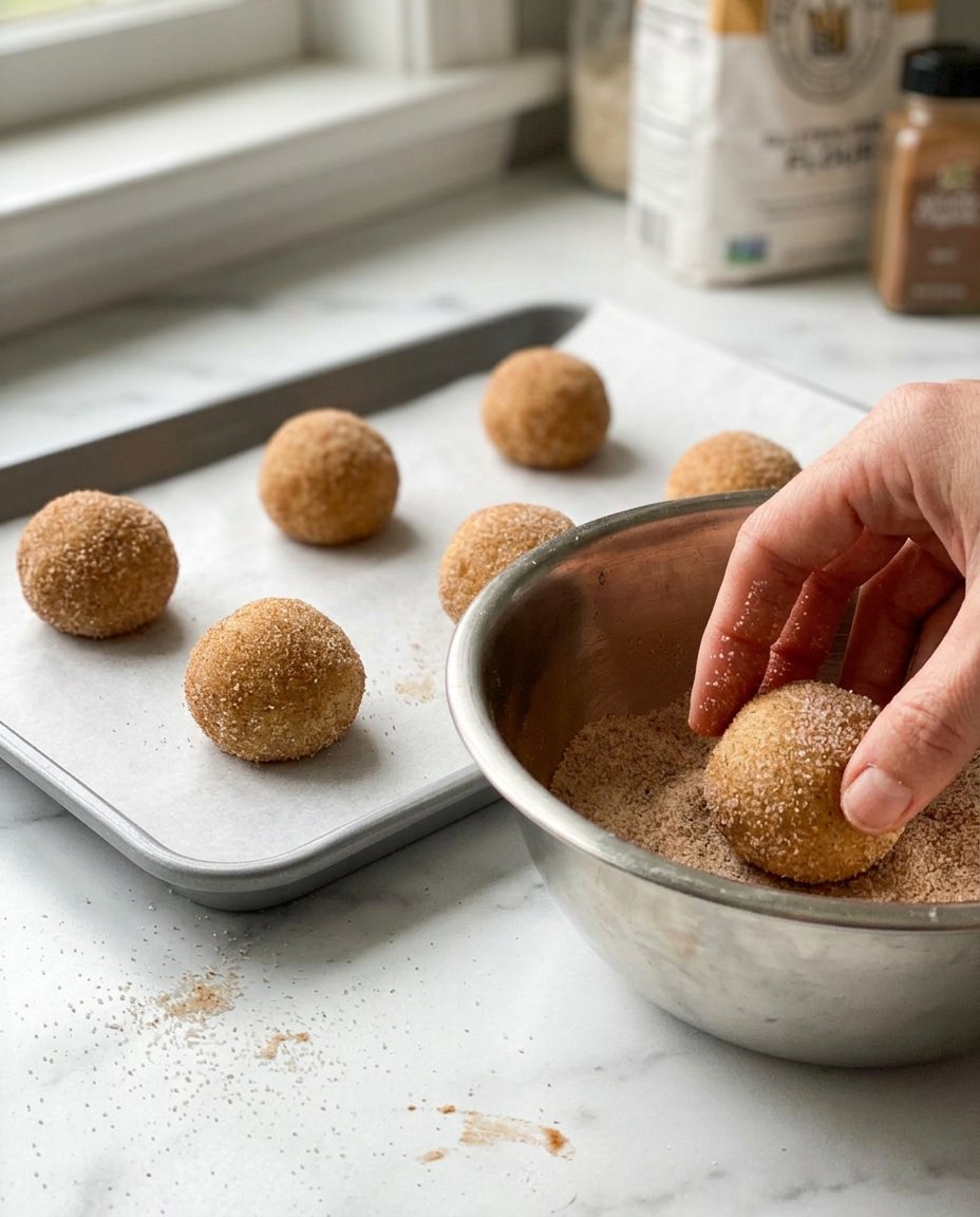 Freshly baked gluten free snickerdoodles with crackled tops on a baking sheet