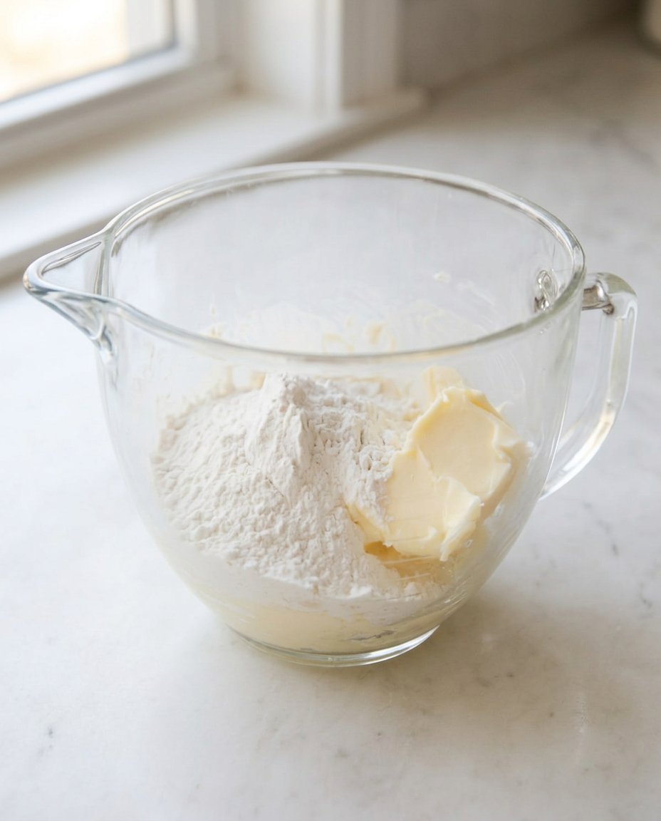 A hand dipping a rosette iron into hot oil for frying