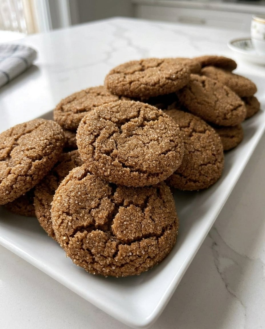 A stack of chewy ginger cookies inside a classic glass cookie jar