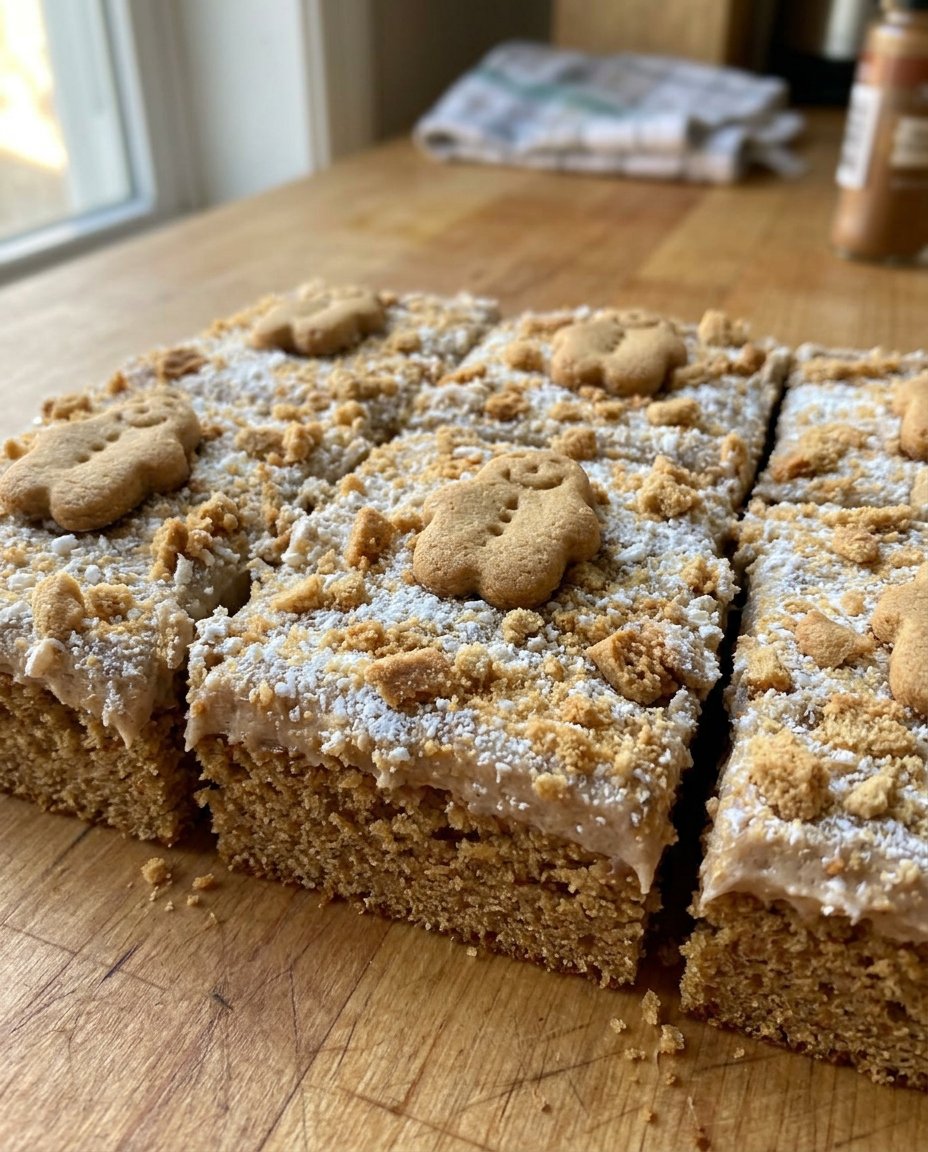 A square of gingerbread cake topped with cream cheese frosting and a sprinkle of cinnamon.