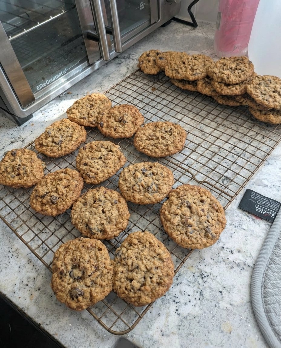 A stack of thick chewy oatmeal raisin cookies on a vintage plate.