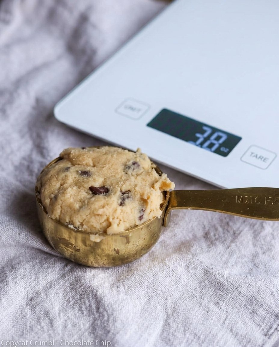 A close up of a hand breaking a ball of cookie dough in half to create a jagged texture.