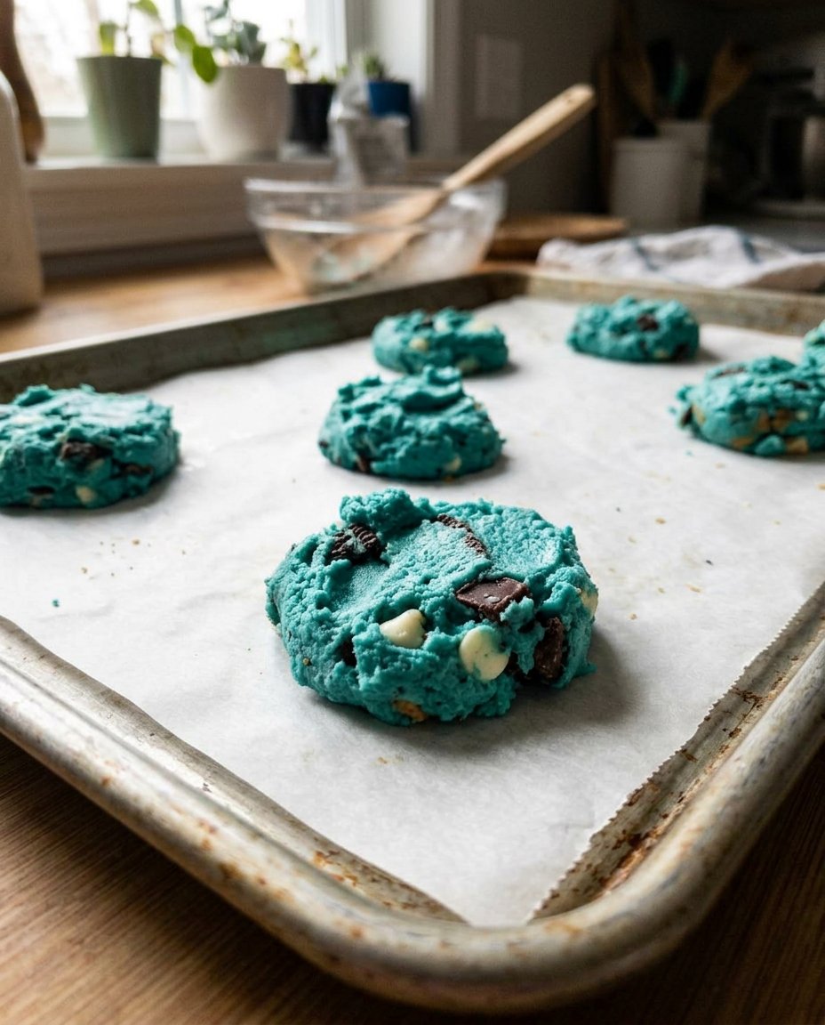 Hands stuffing a whole Oreo cookie into a ball of blue cookie dough.