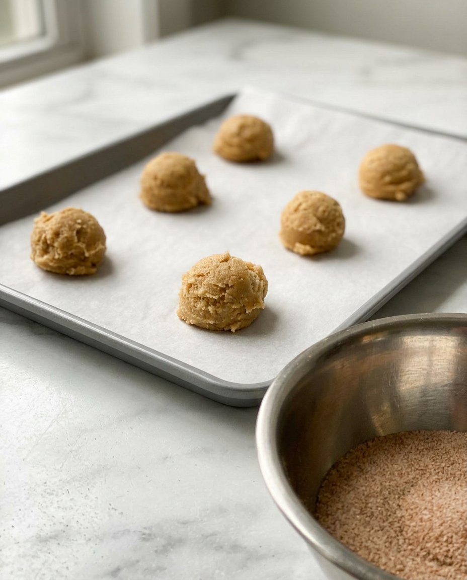 Hands rolling dough into balls for snickerdoodle cookies