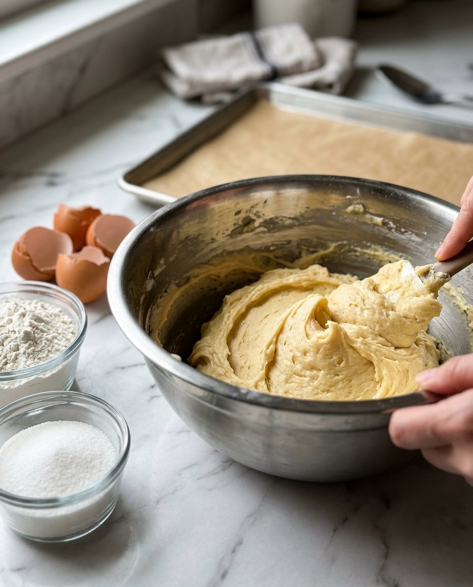 Hands massaging coconut oil into flour to make cookie dough