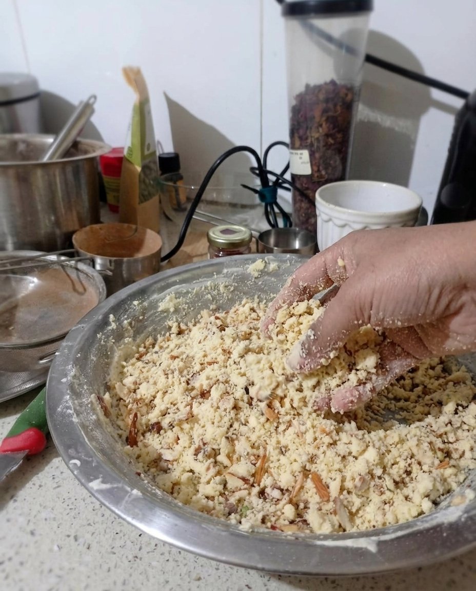 A person whisking ghee and sugar in a ceramic bowl by hand