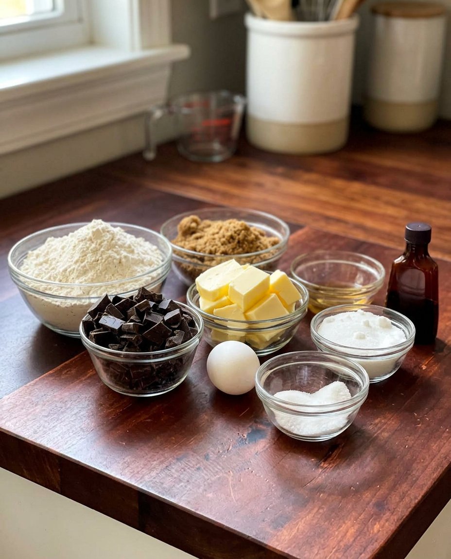 Ingredients for soft cookies including dark brown sugar and dark chocolate chunks