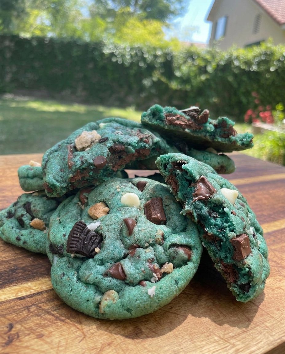 A stack of vibrant blue Cookie Monster cookies with candy eyes and chocolate chips.