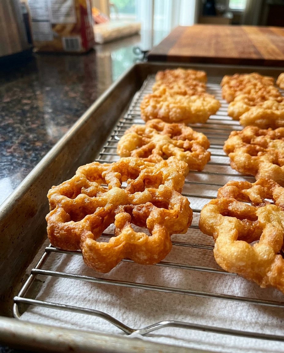 Golden fried rosette cookies dusted with powdered sugar on a holiday platter