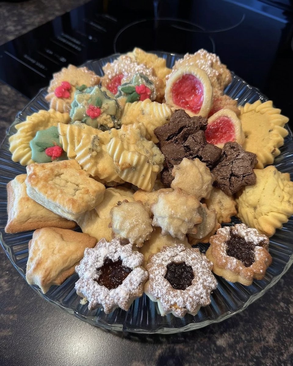 Spritz cookies with colorful sprinkles stacked inside a glass cookie jar.