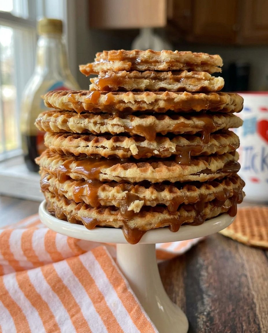 A stack of homemade stroopwafel cookies with visible caramel filling showing through the side.
