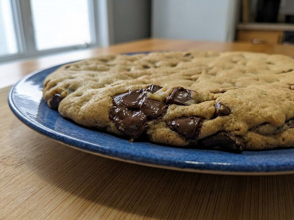 Baking ingredients including flour, melted butter, and chocolate chips arranged on a kitchen counter.