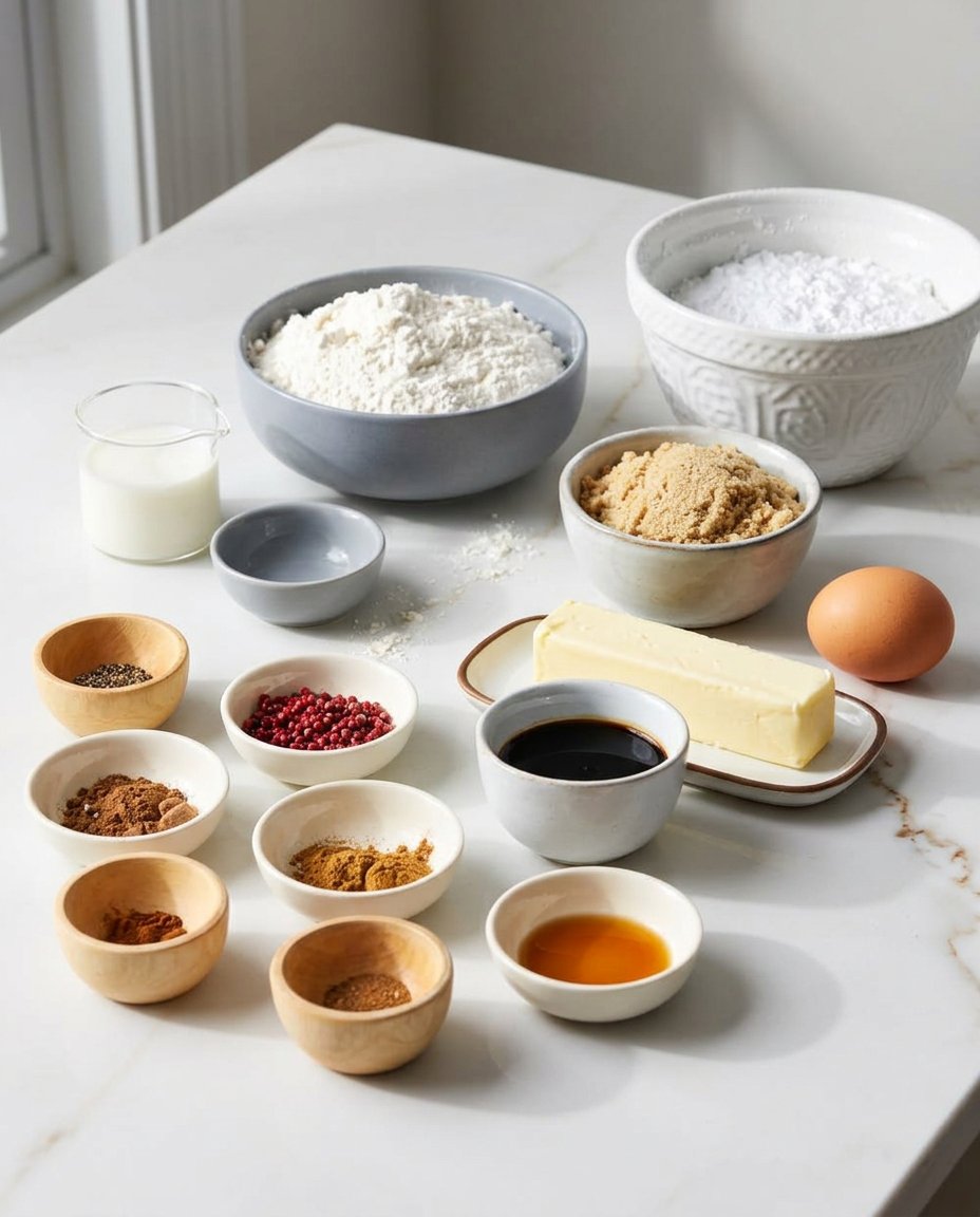 Measured ingredients for refrigerator cookies including butter, brown sugar, and pecans on a rustic wooden table.