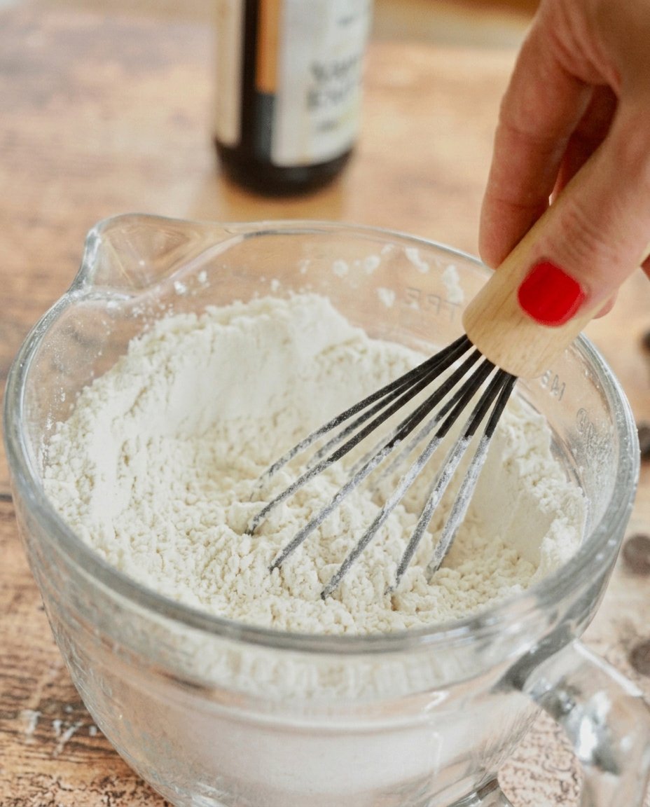 Baking ingredients including flour, butter, dried cherries, and chocolate chips on a wooden table