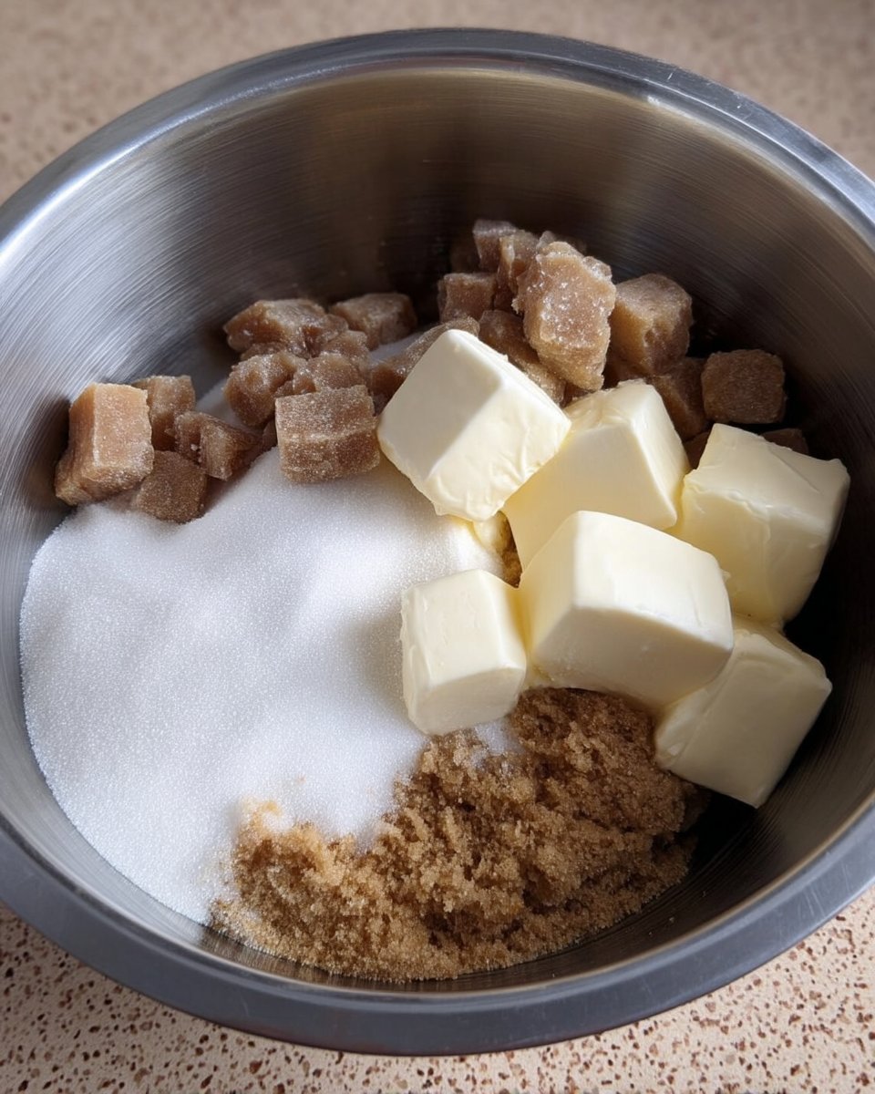 Ingredients for Mrs Fields copycat cookies including dark brown sugar and cold butter