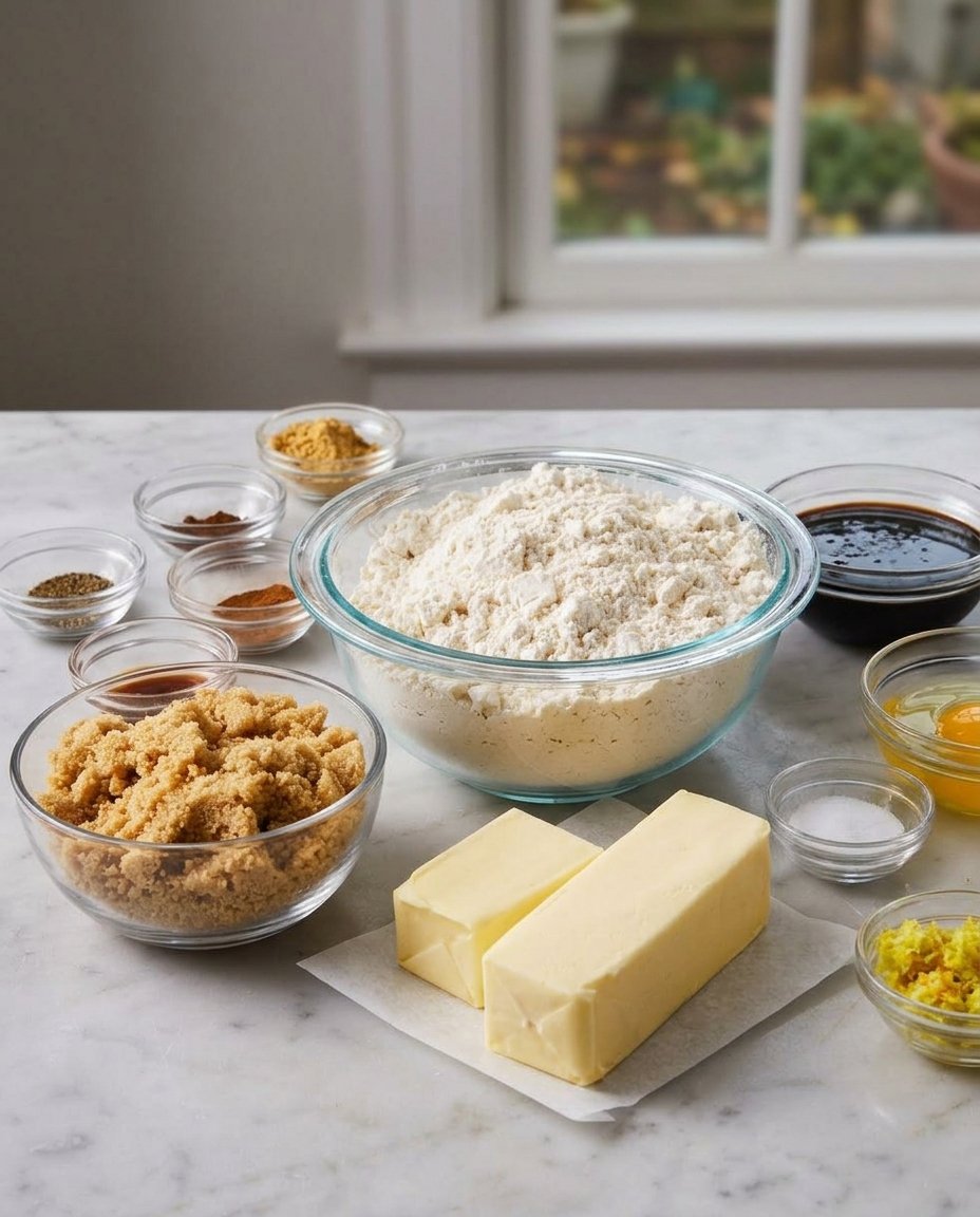 Ingredients for gingerbread cookies including molasses and spices