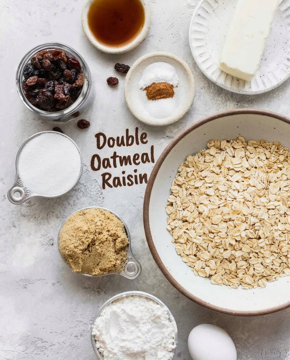 Bowls of rolled oats brown sugar raisins and flour for making cookies