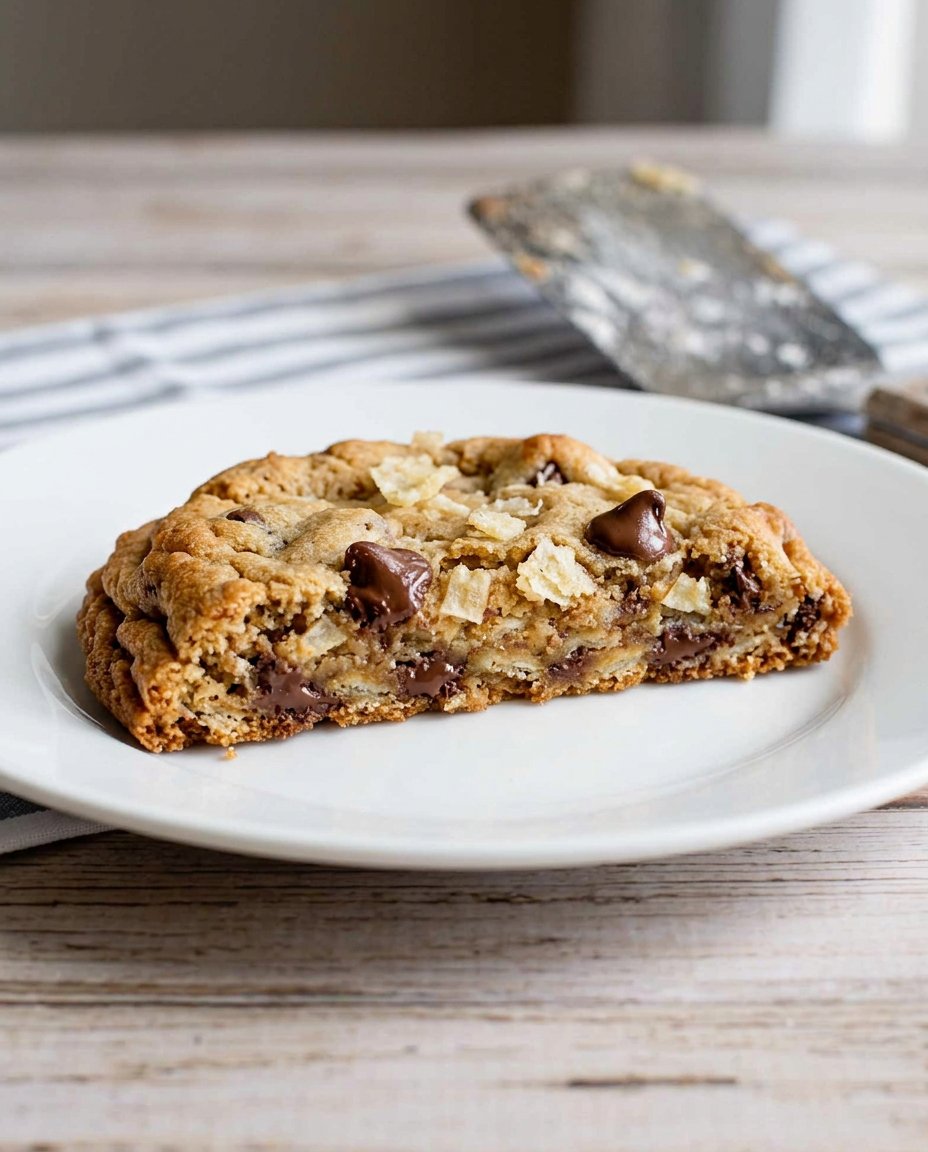 Ingredients for potato chip cookies including brown sugar, wavy chips, and chocolate chips.