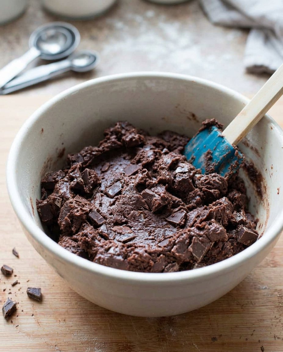 Melted butter, brown sugar, and chocolate chunks on a wooden baking surface.