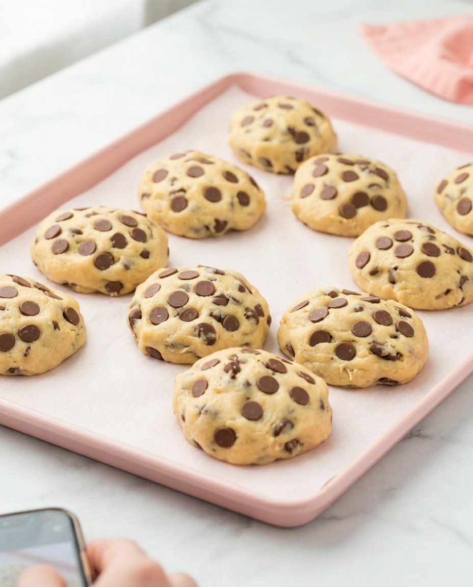 A hand mixing cookie dough with a wooden spoon in a glass bowl.