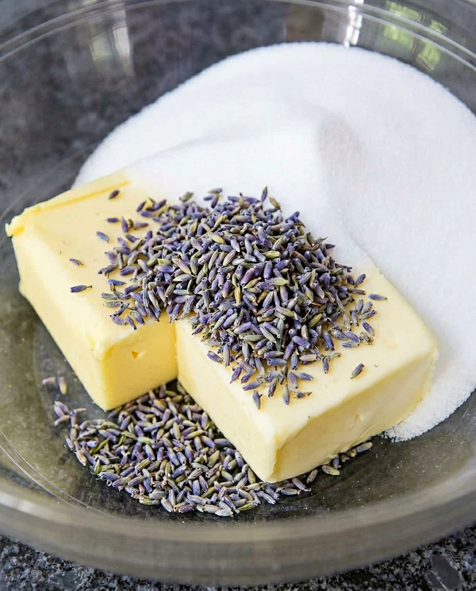 Ingredients for lavender shortbread including butter, sugar, flour, and dried lavender.